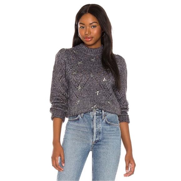 ASTR REVOLVE Gray Jewel Embellished Mock Neck Puff Sleeve Pointelle Wool Sweater - Picture 1 of 14